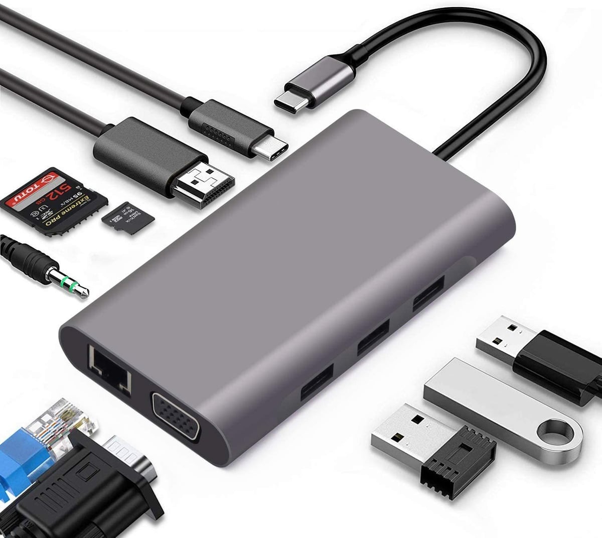 Multifuncional 10 en 1 USB-C [ 3 x USB 3.0 / RJ45  / HDMI / VGA / SD y TF / USB-C / Audio ] [ MacBook y iPad con usb-c ] - Miniatura 2