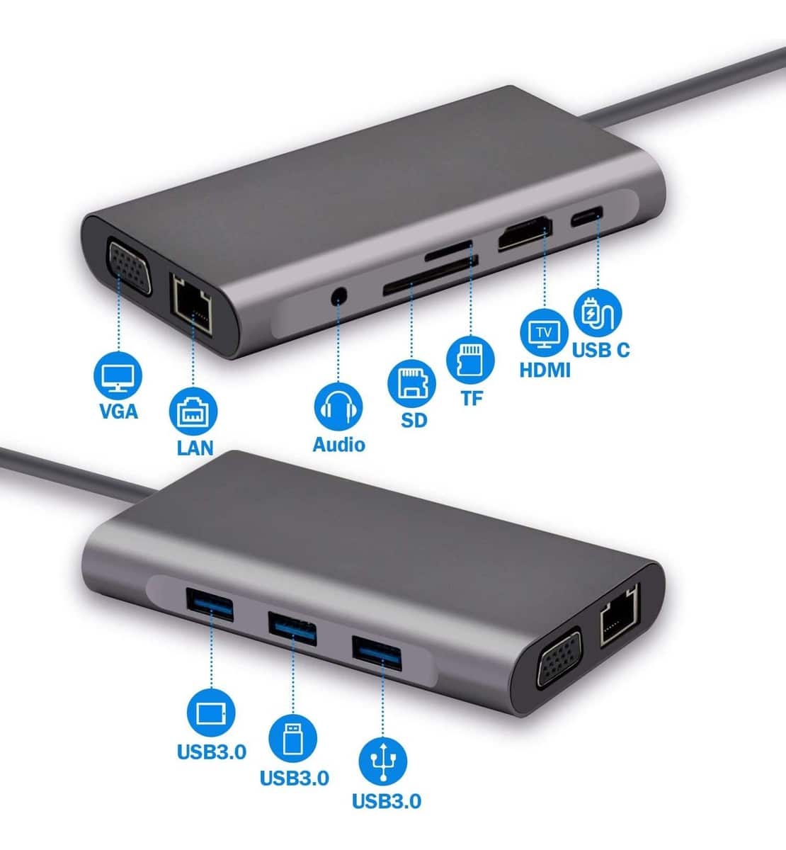 Multifuncional 10 en 1 USB-C [ 3 x USB 3.0 / RJ45  / HDMI / VGA / SD y TF / USB-C / Audio ] [ MacBook y iPad con usb-c ] - Miniatura 3